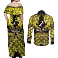 Personalised Aotearoa Matariki Couples Matching Off Shoulder Maxi Dress and Long Sleeve Button Shirt Yellow Fern Maori Poutama LT01 - Polynesian Pride