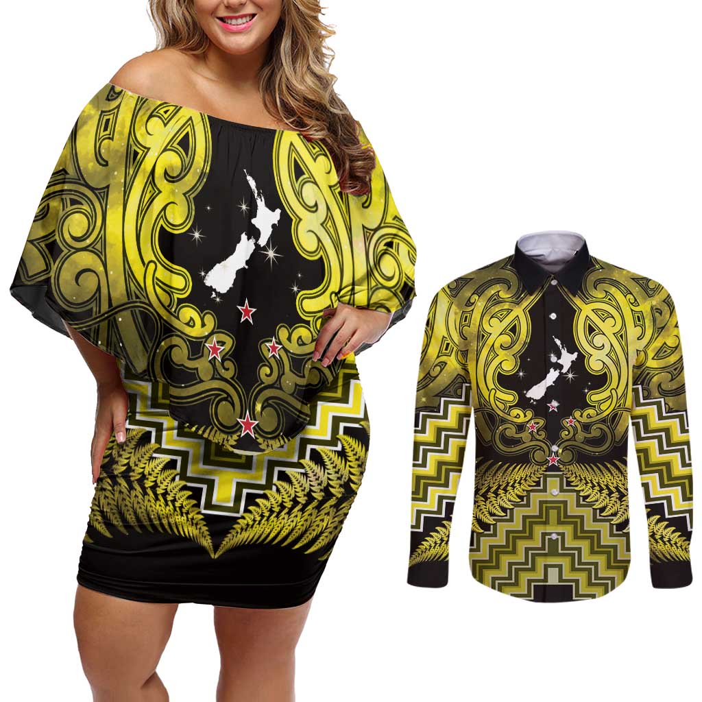 Personalised Aotearoa Matariki Couples Matching Off Shoulder Short Dress and Long Sleeve Button Shirt Yellow Fern Maori Poutama LT01 Yellow - Polynesian Pride