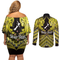 Personalised Aotearoa Matariki Couples Matching Off Shoulder Short Dress and Long Sleeve Button Shirt Yellow Fern Maori Poutama LT01 - Polynesian Pride