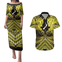 Personalised Aotearoa Matariki Couples Matching Puletasi and Hawaiian Shirt Yellow Fern Maori Poutama LT01 Yellow - Polynesian Pride