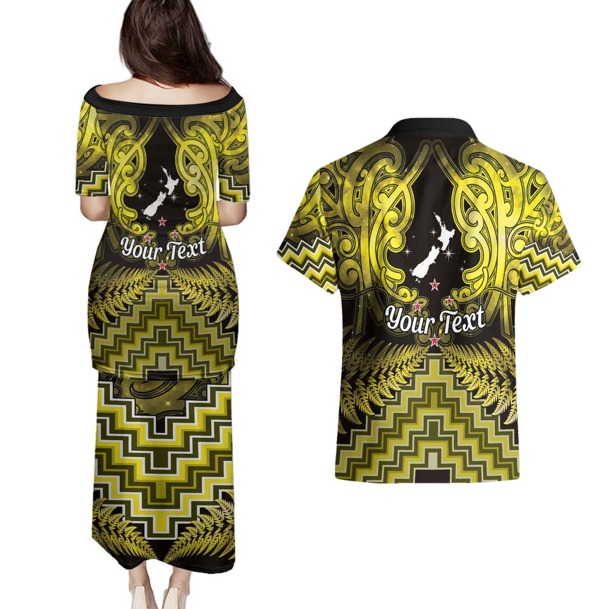 Personalised Aotearoa Matariki Couples Matching Puletasi and Hawaiian Shirt Yellow Fern Maori Poutama LT01 - Polynesian Pride
