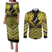 Personalised Aotearoa Matariki Couples Matching Puletasi and Long Sleeve Button Shirt Yellow Fern Maori Poutama LT01 Yellow - Polynesian Pride