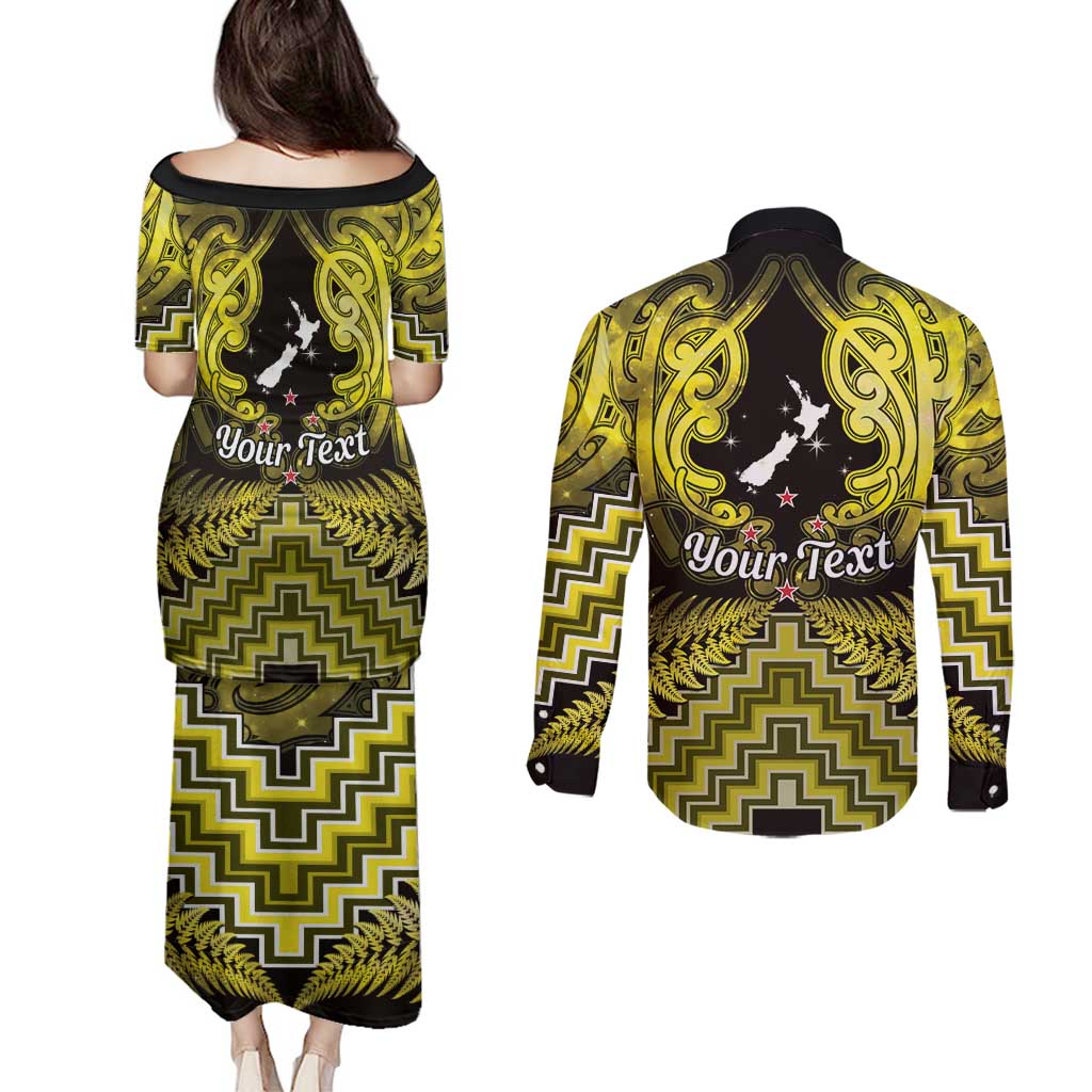 Personalised Aotearoa Matariki Couples Matching Puletasi and Long Sleeve Button Shirt Yellow Fern Maori Poutama LT01 - Polynesian Pride