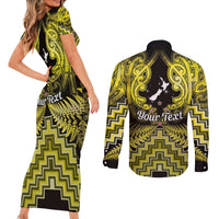 Personalised Aotearoa Matariki Couples Matching Short Sleeve Bodycon Dress and Long Sleeve Button Shirt Yellow Fern Maori Poutama LT01 - Polynesian Pride