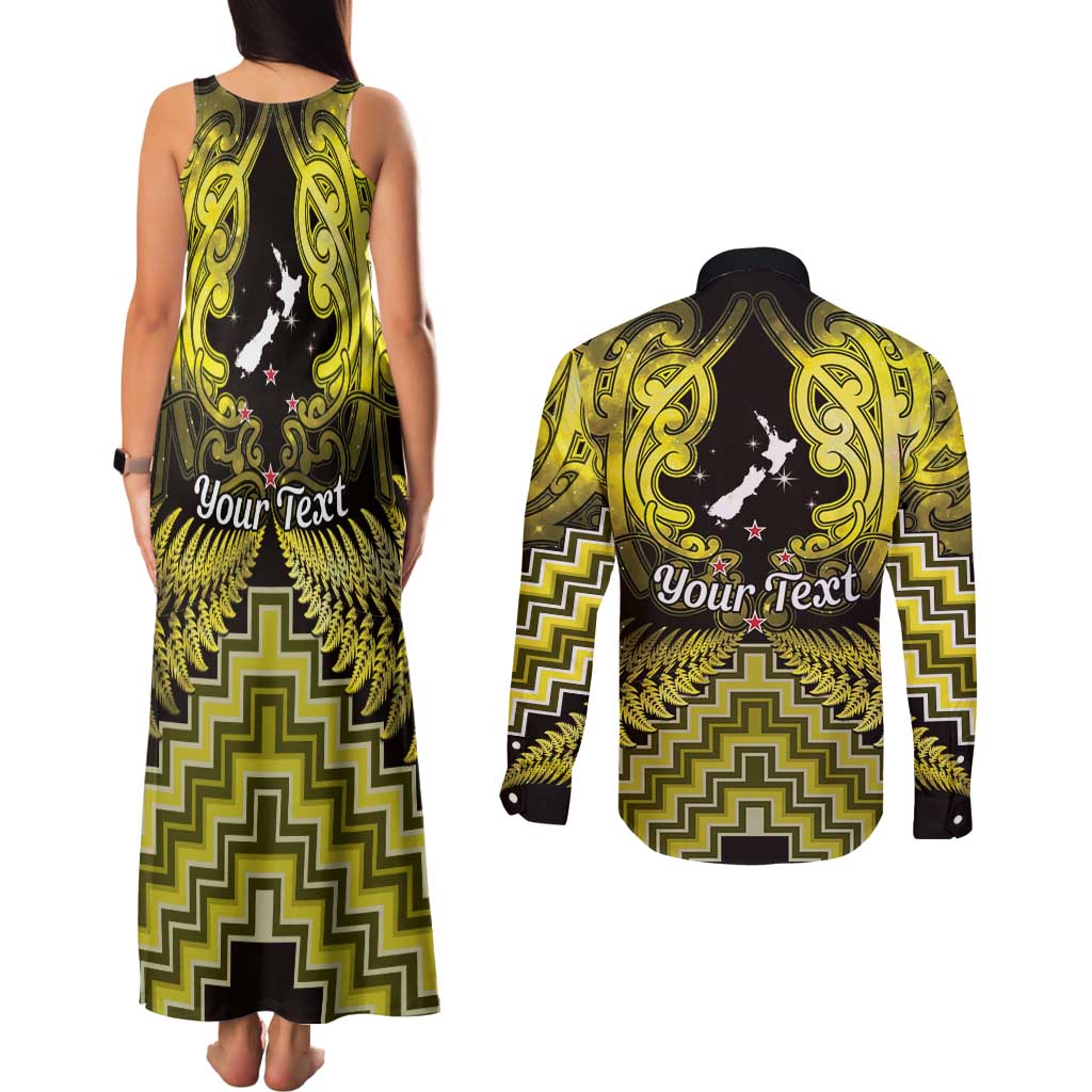Personalised Aotearoa Matariki Couples Matching Tank Maxi Dress and Long Sleeve Button Shirt Yellow Fern Maori Poutama LT01 - Polynesian Pride