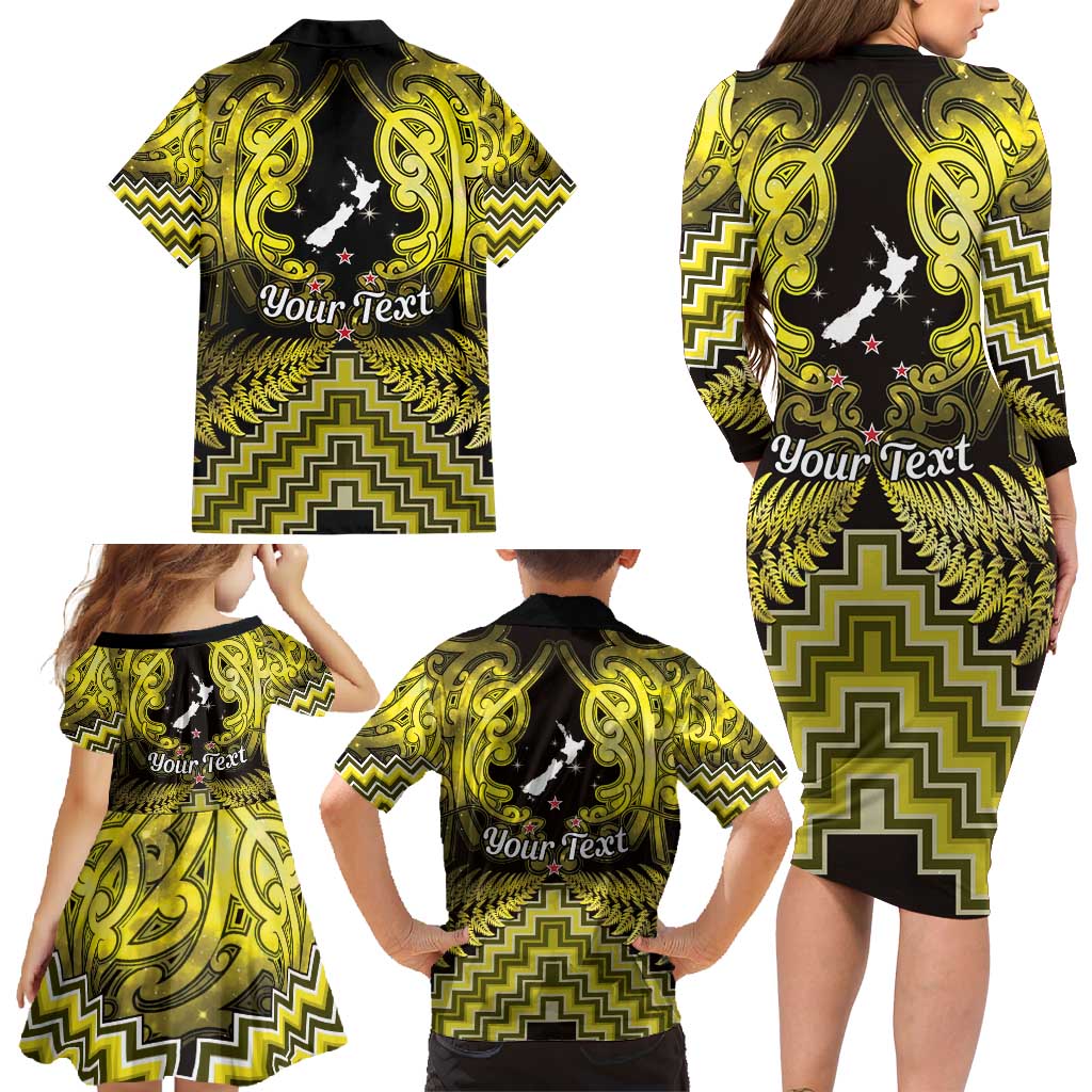 Personalised Aotearoa Matariki Family Matching Long Sleeve Bodycon Dress and Hawaiian Shirt Yellow Fern Maori Poutama LT01 - Polynesian Pride