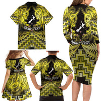 Personalised Aotearoa Matariki Family Matching Long Sleeve Bodycon Dress and Hawaiian Shirt Yellow Fern Maori Poutama LT01 - Polynesian Pride