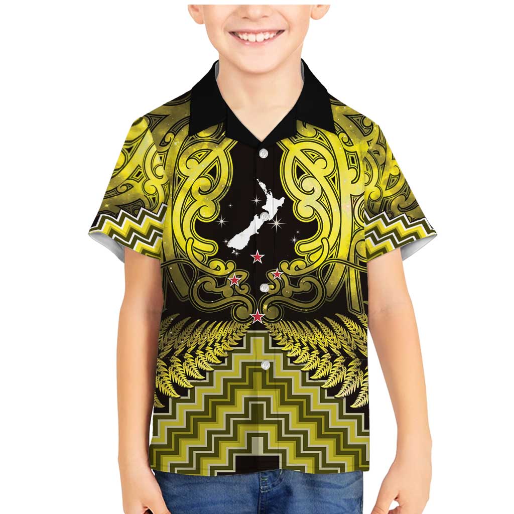 Personalised Aotearoa Matariki Family Matching Mermaid Dress and Hawaiian Shirt Yellow Fern Maori Poutama LT01 Son's Shirt Yellow - Polynesian Pride
