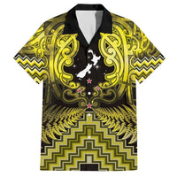 Personalised Aotearoa Matariki Family Matching Off The Shoulder Long Sleeve Dress and Hawaiian Shirt Yellow Fern Maori Poutama LT01 Dad's Shirt - Short Sleeve Yellow - Polynesian Pride