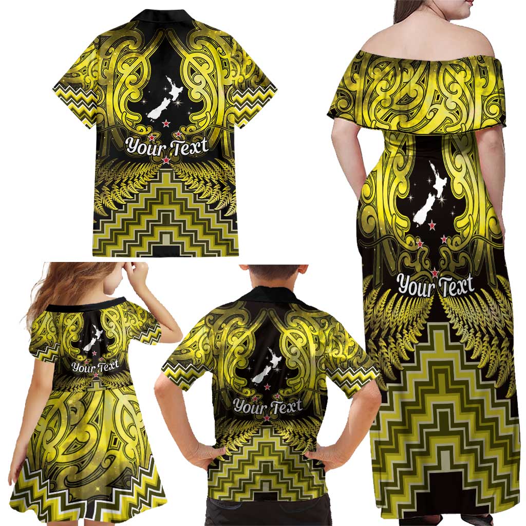 Personalised Aotearoa Matariki Family Matching Off Shoulder Maxi Dress and Hawaiian Shirt Yellow Fern Maori Poutama LT01 - Polynesian Pride