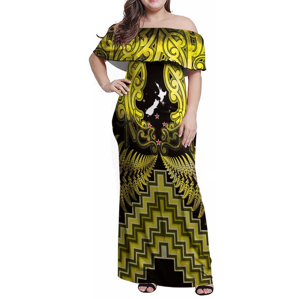 Personalised Aotearoa Matariki Family Matching Off Shoulder Maxi Dress and Hawaiian Shirt Yellow Fern Maori Poutama LT01 Mom's Dress Yellow - Polynesian Pride