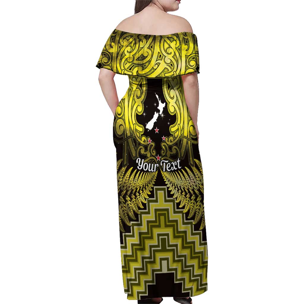 Personalised Aotearoa Matariki Family Matching Off Shoulder Maxi Dress and Hawaiian Shirt Yellow Fern Maori Poutama LT01 - Polynesian Pride