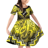 Personalised Aotearoa Matariki Family Matching Off Shoulder Short Dress and Hawaiian Shirt Yellow Fern Maori Poutama LT01 Daughter's Dress Yellow - Polynesian Pride