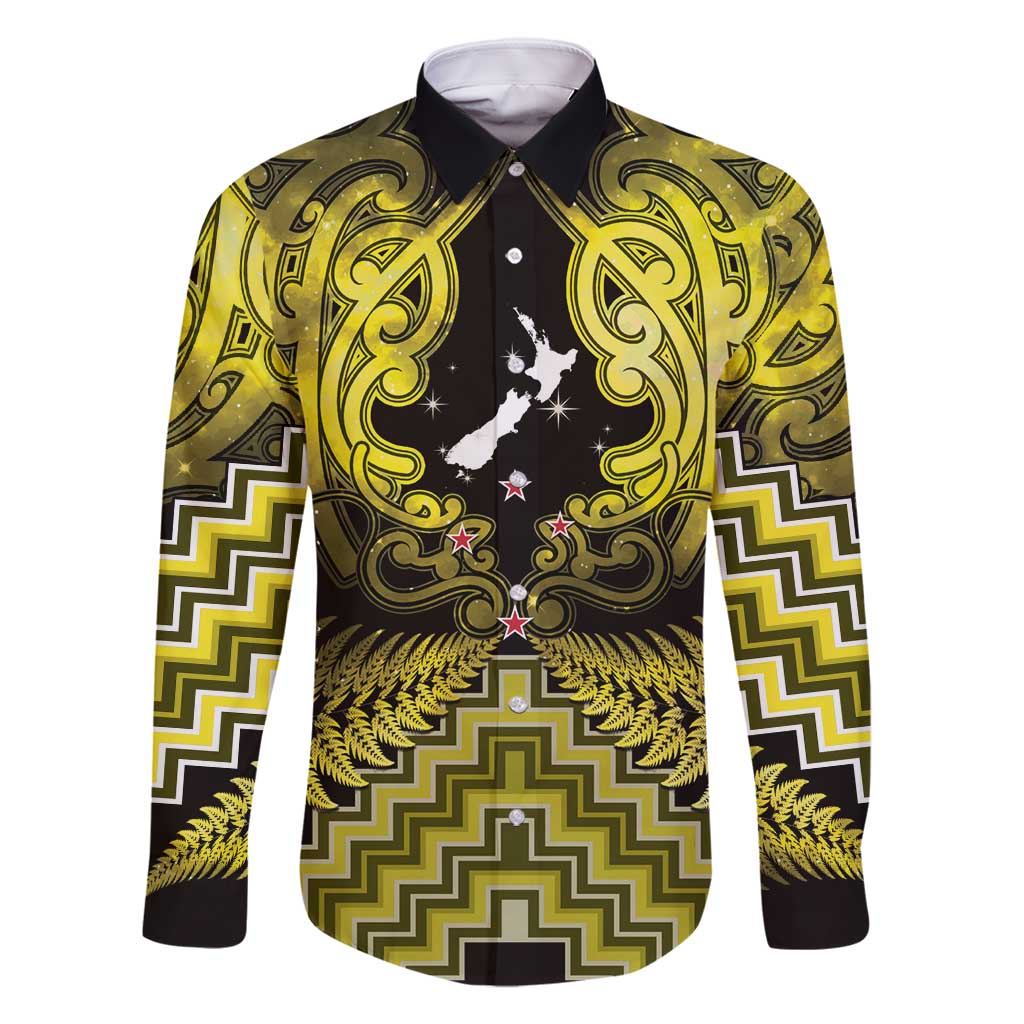Personalised Aotearoa Matariki Family Matching Off Shoulder Short Dress and Hawaiian Shirt Yellow Fern Maori Poutama LT01 Dad's Shirt - Long Sleeve Yellow - Polynesian Pride
