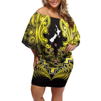 Personalised Aotearoa Matariki Family Matching Off Shoulder Short Dress and Hawaiian Shirt Yellow Fern Maori Poutama LT01 Mom's Dress Yellow - Polynesian Pride