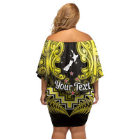 Personalised Aotearoa Matariki Family Matching Off Shoulder Short Dress and Hawaiian Shirt Yellow Fern Maori Poutama LT01 - Polynesian Pride