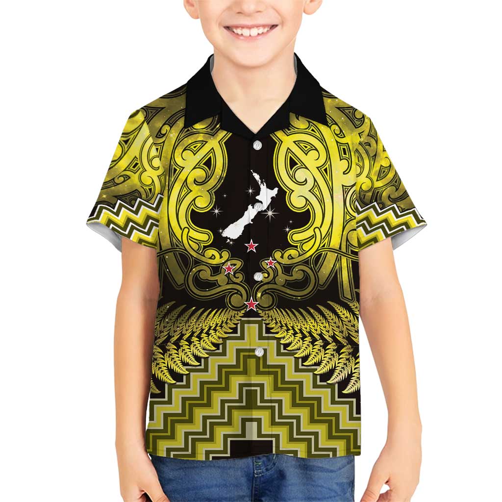 Personalised Aotearoa Matariki Family Matching Off Shoulder Short Dress and Hawaiian Shirt Yellow Fern Maori Poutama LT01 Son's Shirt Yellow - Polynesian Pride