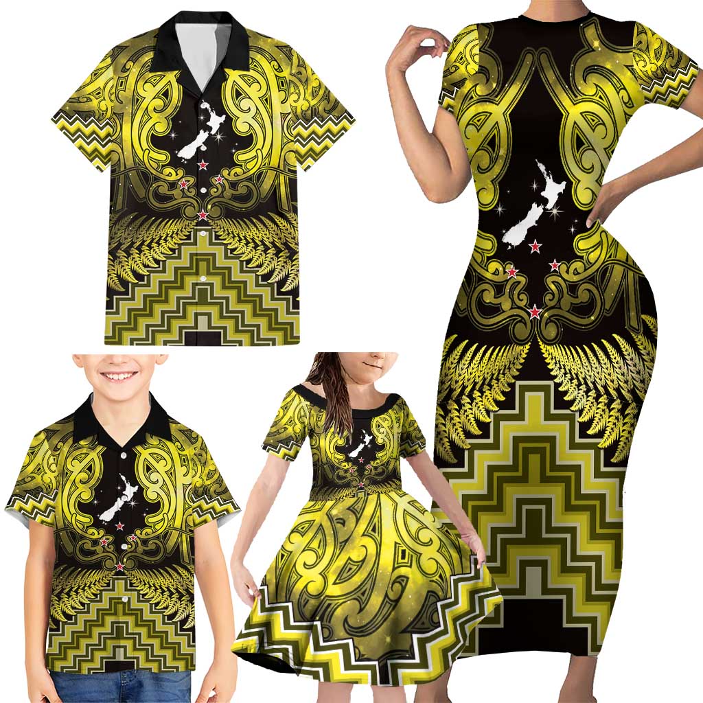 Personalised Aotearoa Matariki Family Matching Short Sleeve Bodycon Dress and Hawaiian Shirt Yellow Fern Maori Poutama LT01 - Polynesian Pride