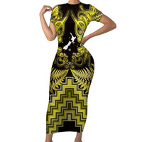 Personalised Aotearoa Matariki Family Matching Short Sleeve Bodycon Dress and Hawaiian Shirt Yellow Fern Maori Poutama LT01 Mom's Dress Yellow - Polynesian Pride