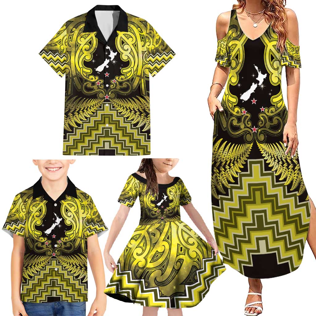 Personalised Aotearoa Matariki Family Matching Summer Maxi Dress and Hawaiian Shirt Yellow Fern Maori Poutama LT01 - Polynesian Pride