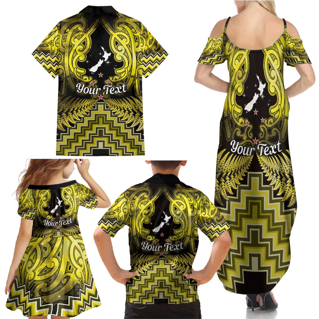 Personalised Aotearoa Matariki Family Matching Summer Maxi Dress and Hawaiian Shirt Yellow Fern Maori Poutama LT01 - Polynesian Pride