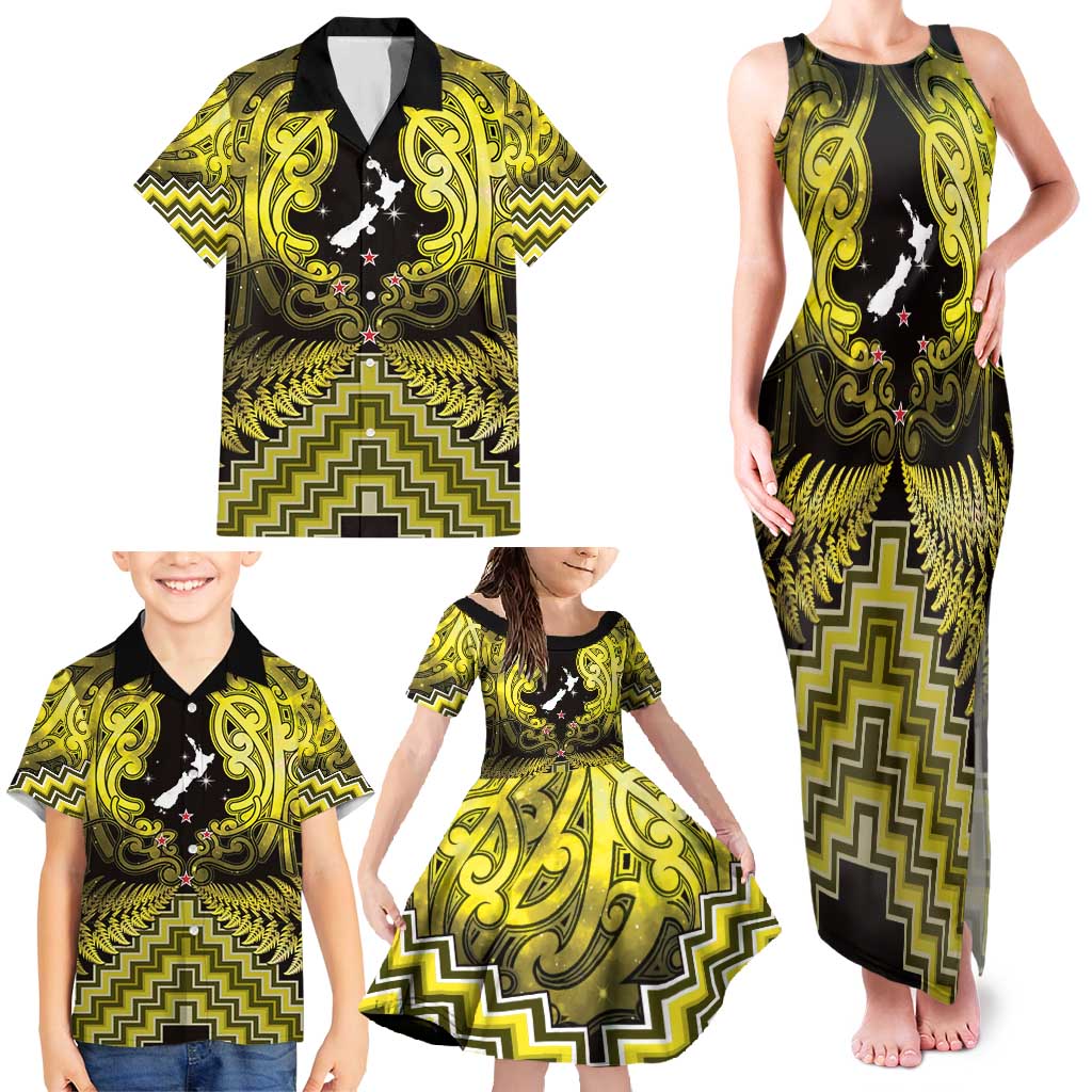 Personalised Aotearoa Matariki Family Matching Tank Maxi Dress and Hawaiian Shirt Yellow Fern Maori Poutama LT01 - Polynesian Pride