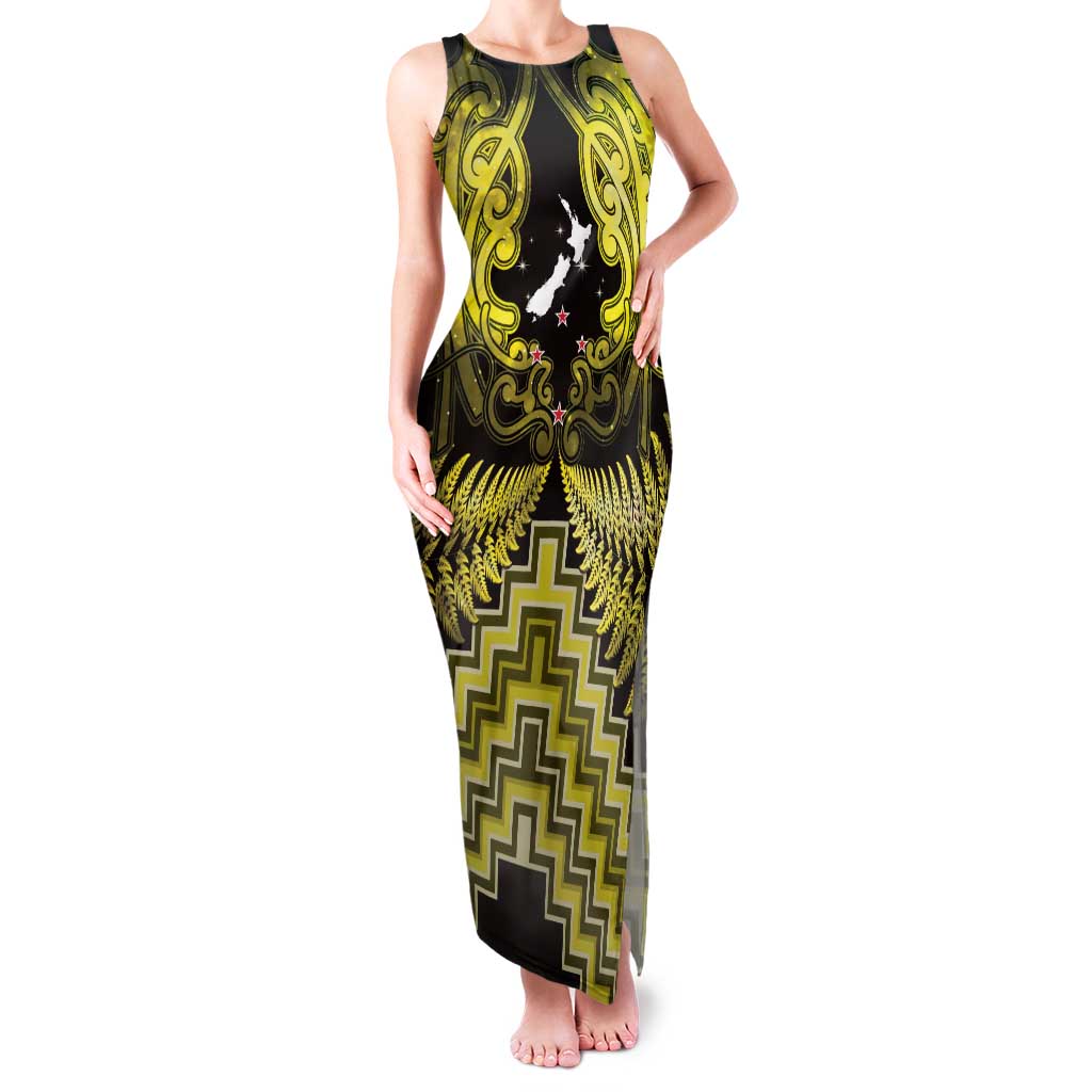 Personalised Aotearoa Matariki Family Matching Tank Maxi Dress and Hawaiian Shirt Yellow Fern Maori Poutama LT01 Mom's Dress Yellow - Polynesian Pride