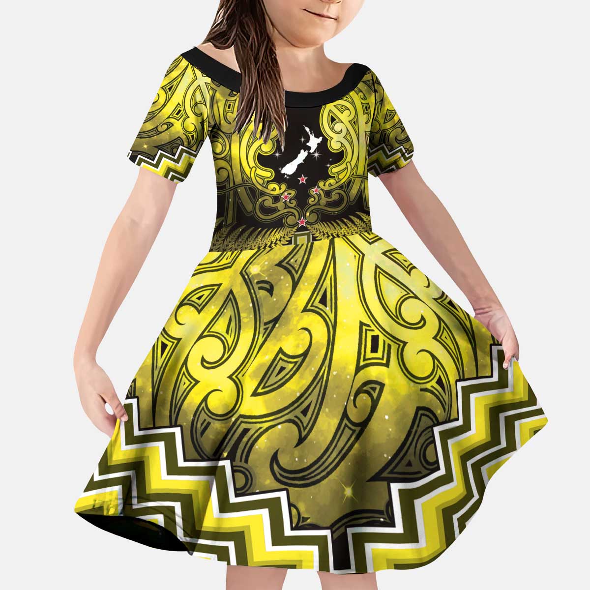 Personalised Aotearoa Matariki Kid Short Sleeve Dress Yellow Fern Maori Poutama LT01 KID Yellow - Polynesian Pride