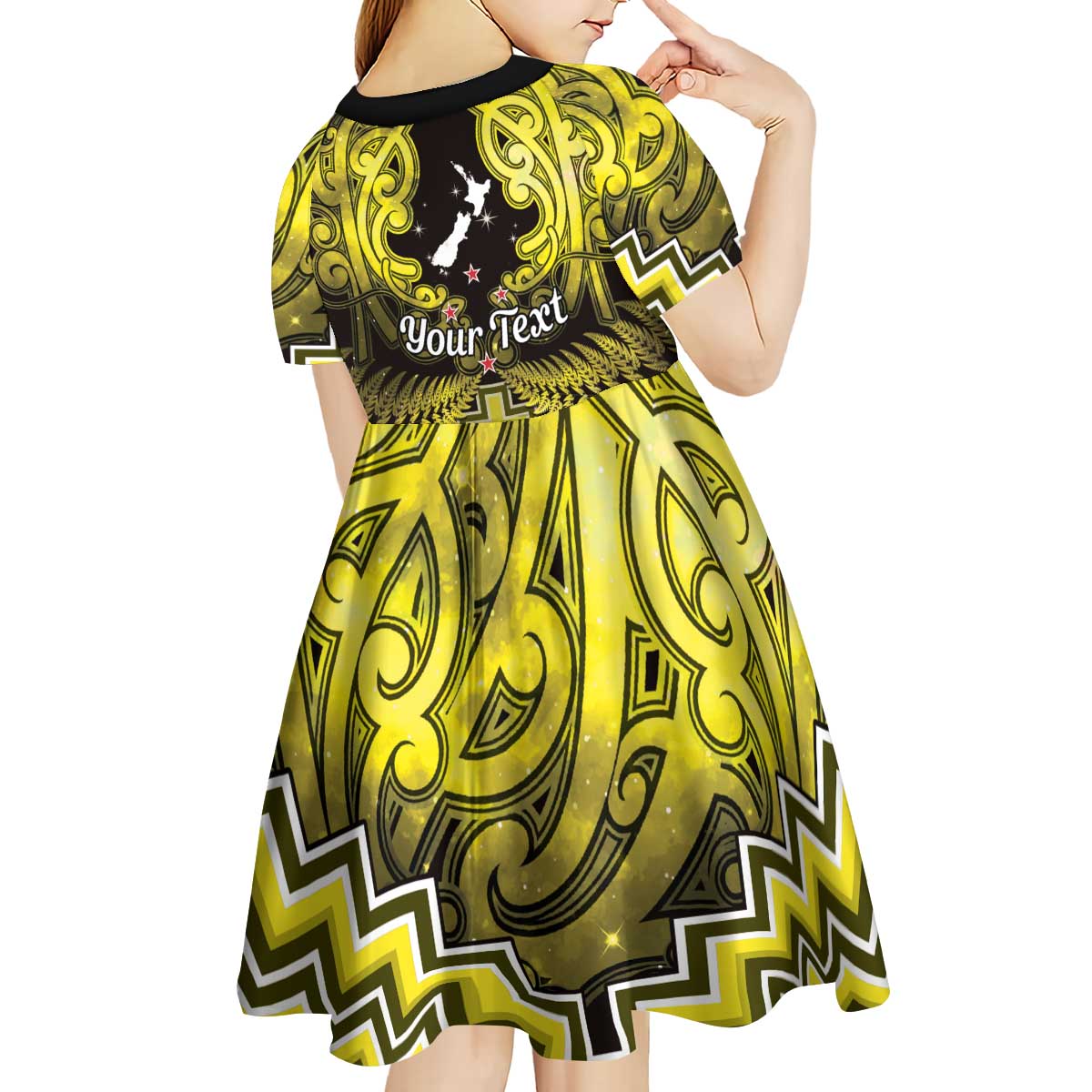 Personalised Aotearoa Matariki Kid Short Sleeve Dress Yellow Fern Maori Poutama LT01 - Polynesian Pride
