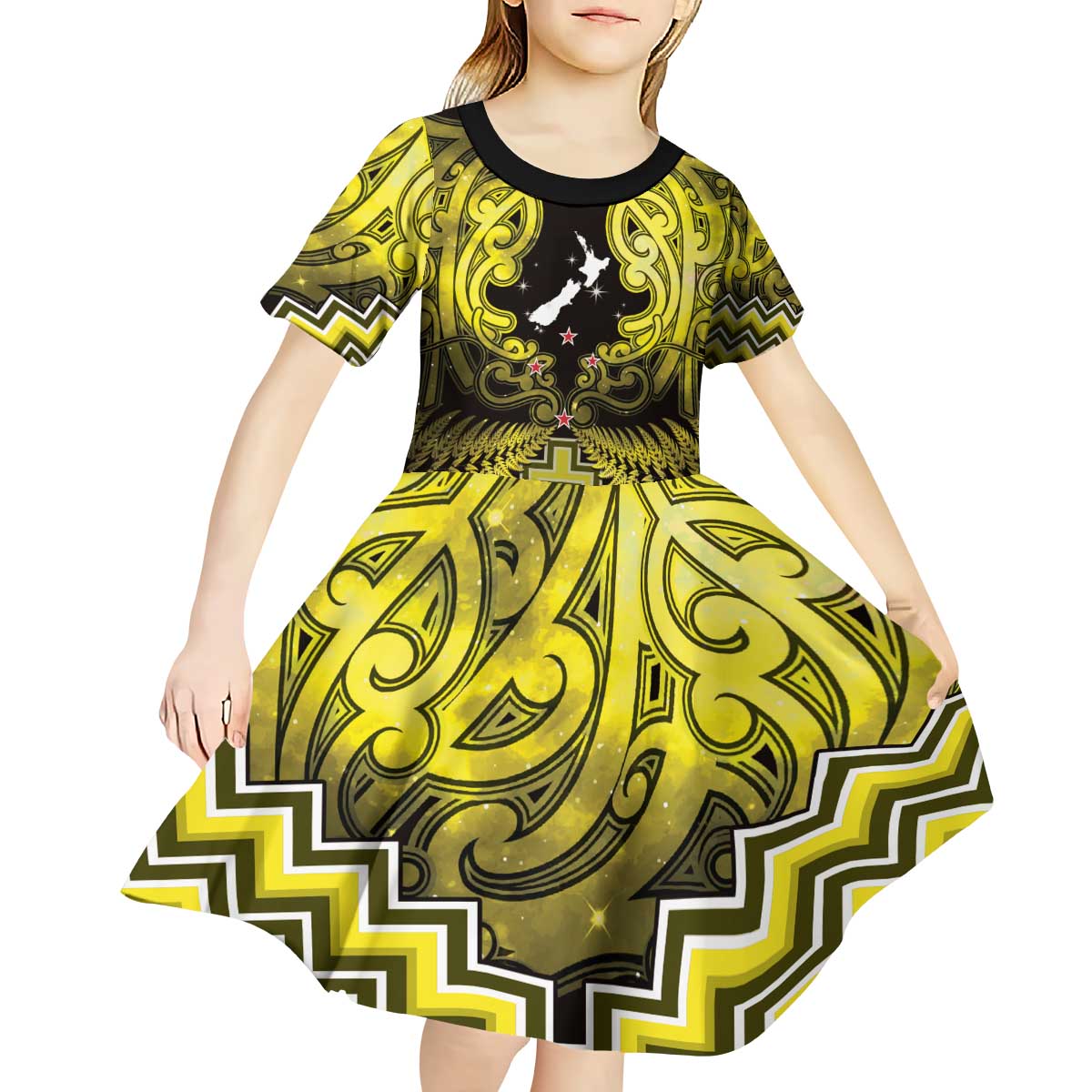 Personalised Aotearoa Matariki Kid Short Sleeve Dress Yellow Fern Maori Poutama LT01 - Polynesian Pride