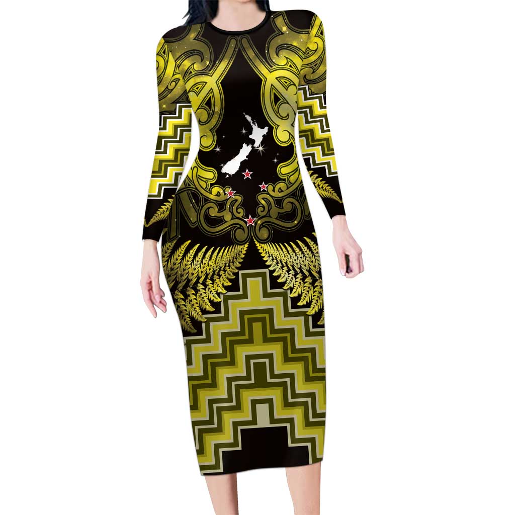Personalised Aotearoa Matariki Long Sleeve Bodycon Dress Yellow Fern Maori Poutama LT01 Long Dress Yellow - Polynesian Pride