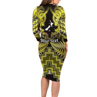 Personalised Aotearoa Matariki Long Sleeve Bodycon Dress Yellow Fern Maori Poutama LT01 - Polynesian Pride