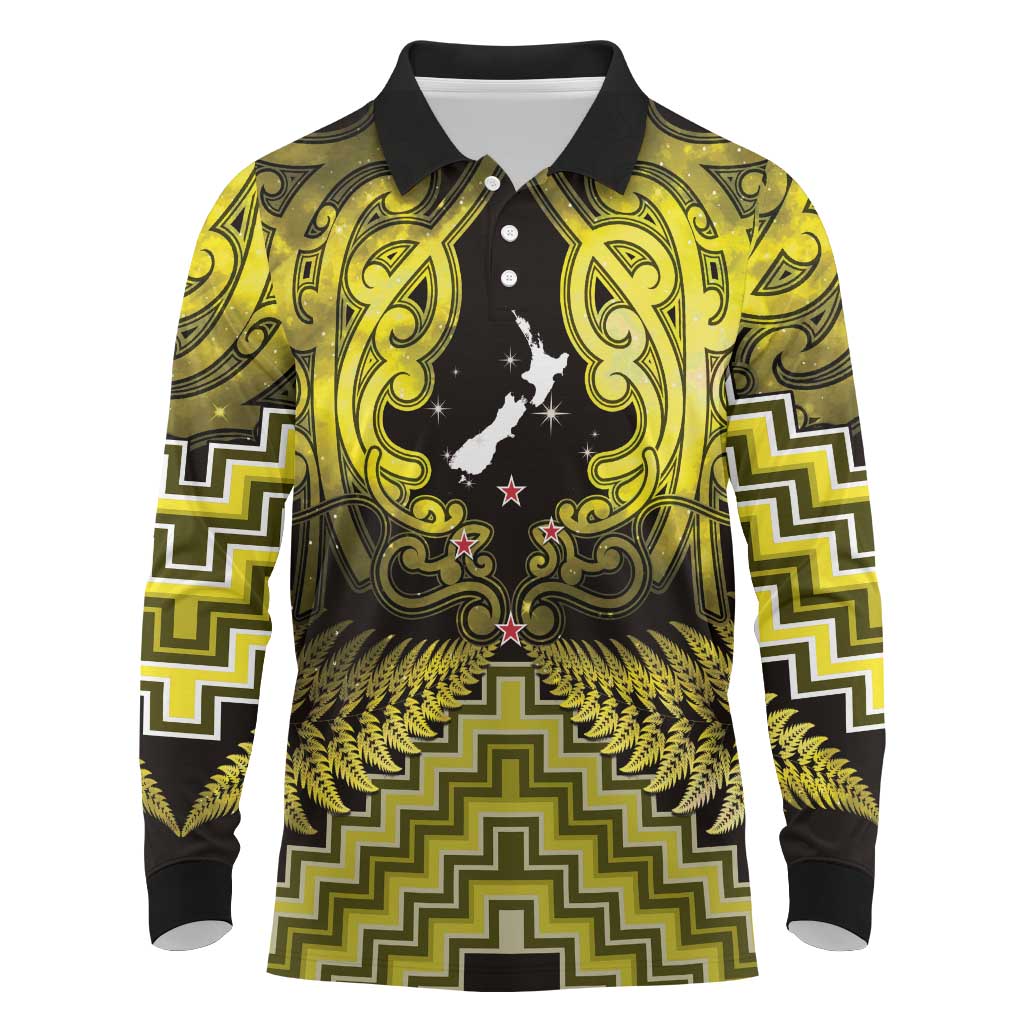 Personalised Aotearoa Matariki Long Sleeve Polo Shirt Yellow Fern Maori Poutama LT01 Yellow - Polynesian Pride