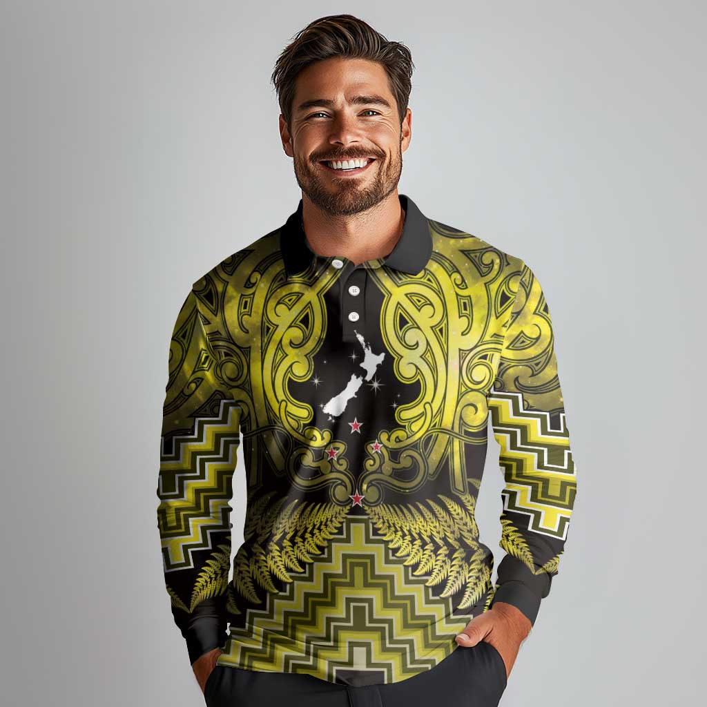 Personalised Aotearoa Matariki Long Sleeve Polo Shirt Yellow Fern Maori Poutama LT01 - Polynesian Pride