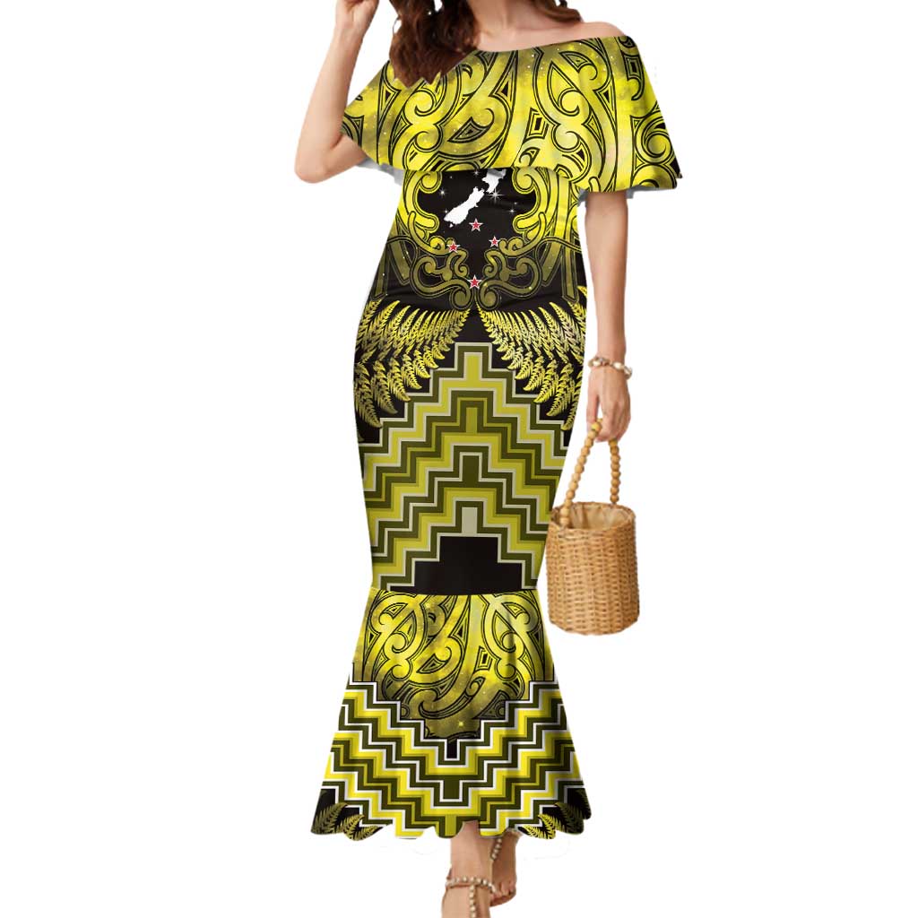 Personalised Aotearoa Matariki Mermaid Dress Yellow Fern Maori Poutama LT01 Women Yellow - Polynesian Pride