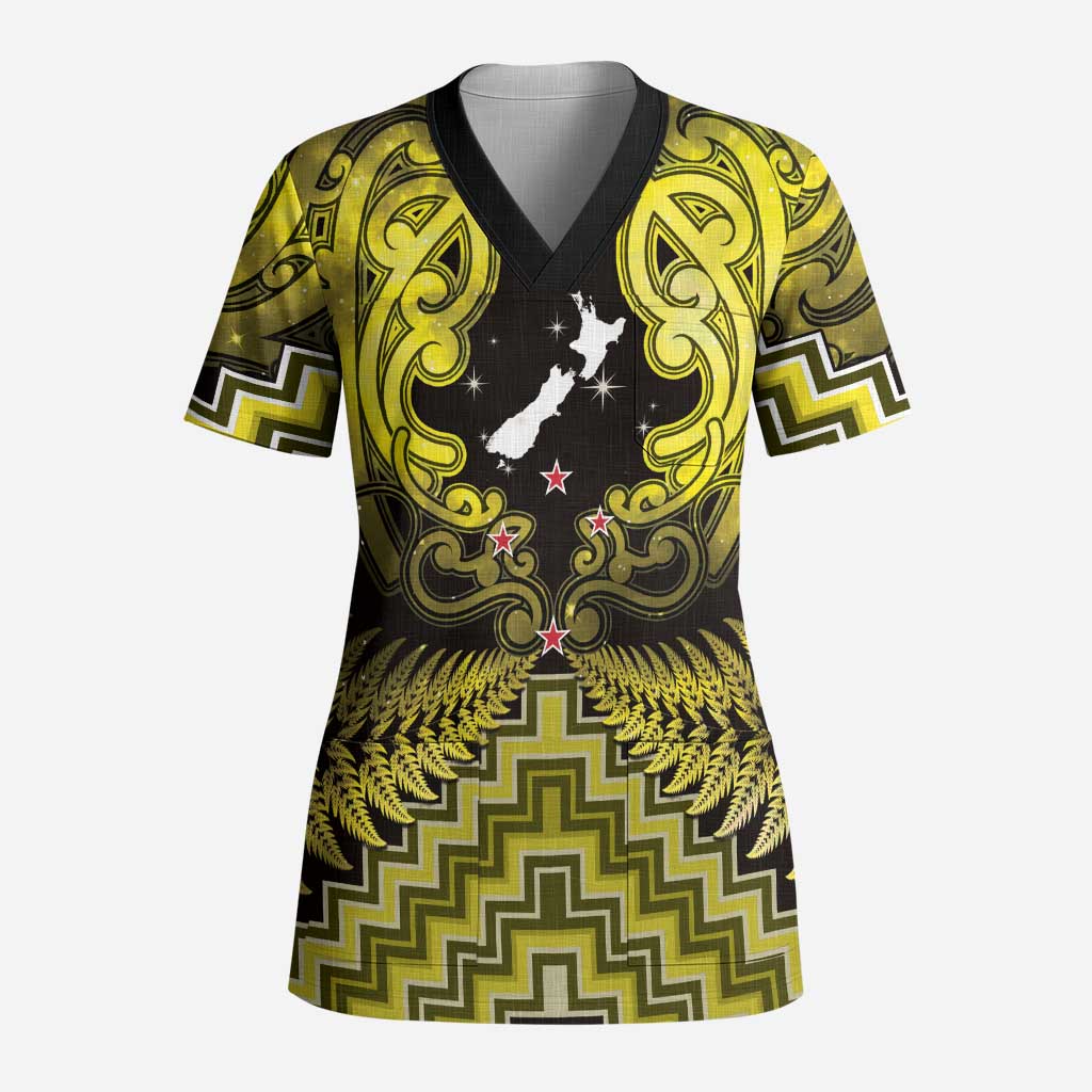 Personalised Aotearoa Matariki Scrub Top Yellow Fern Maori Poutama LT01 Adult Yellow - Polynesian Pride