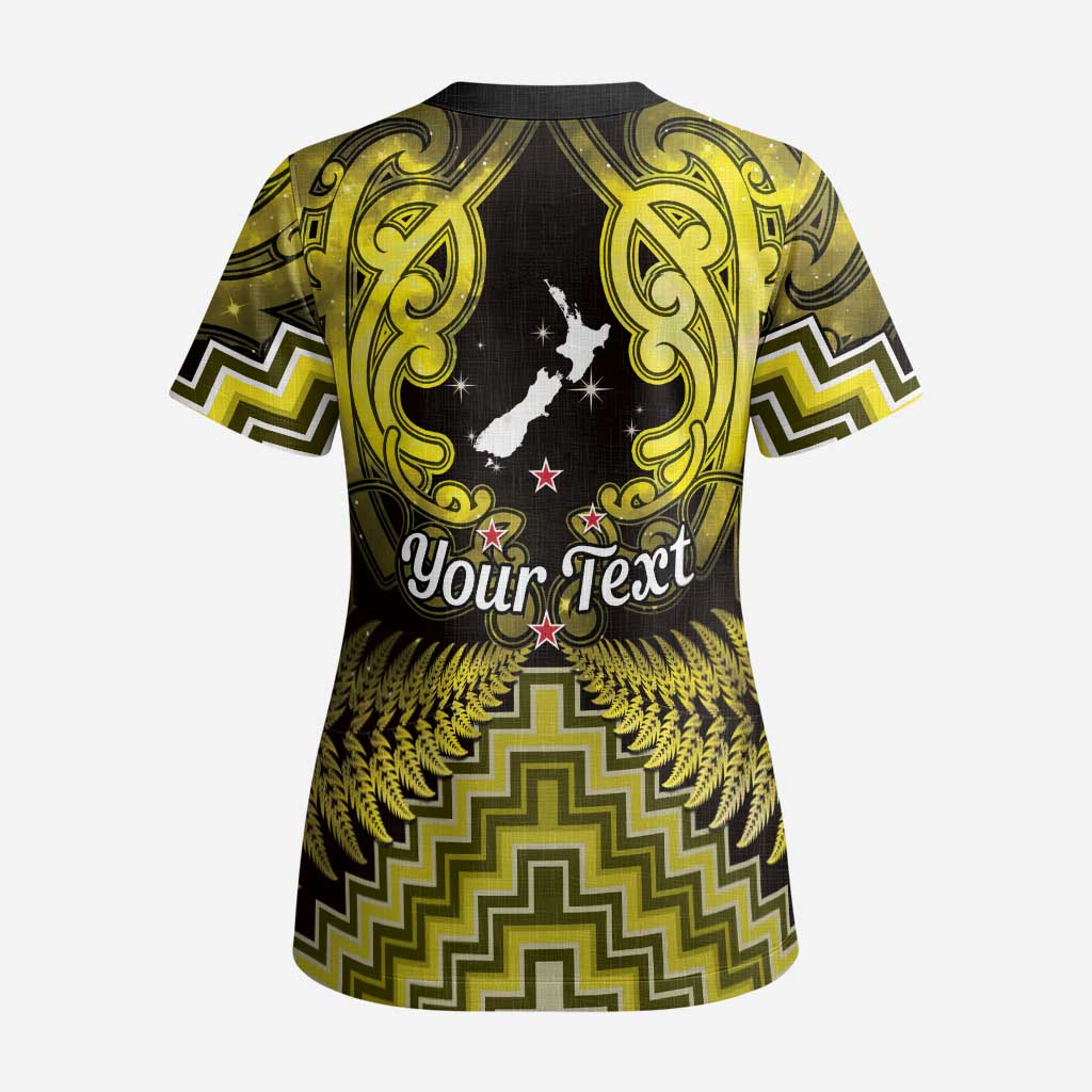 Personalised Aotearoa Matariki Scrub Top Yellow Fern Maori Poutama LT01 - Polynesian Pride