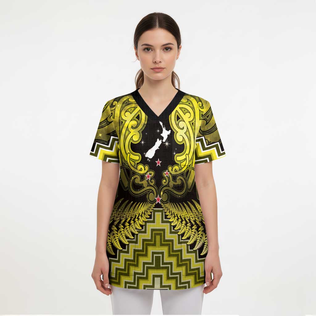 Personalised Aotearoa Matariki Scrub Top Yellow Fern Maori Poutama LT01 - Polynesian Pride