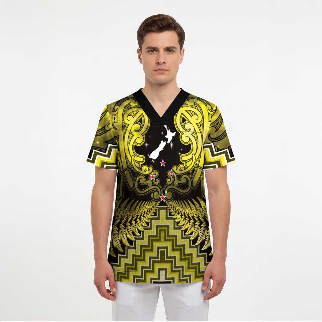 Personalised Aotearoa Matariki Scrub Top Yellow Fern Maori Poutama LT01 - Polynesian Pride