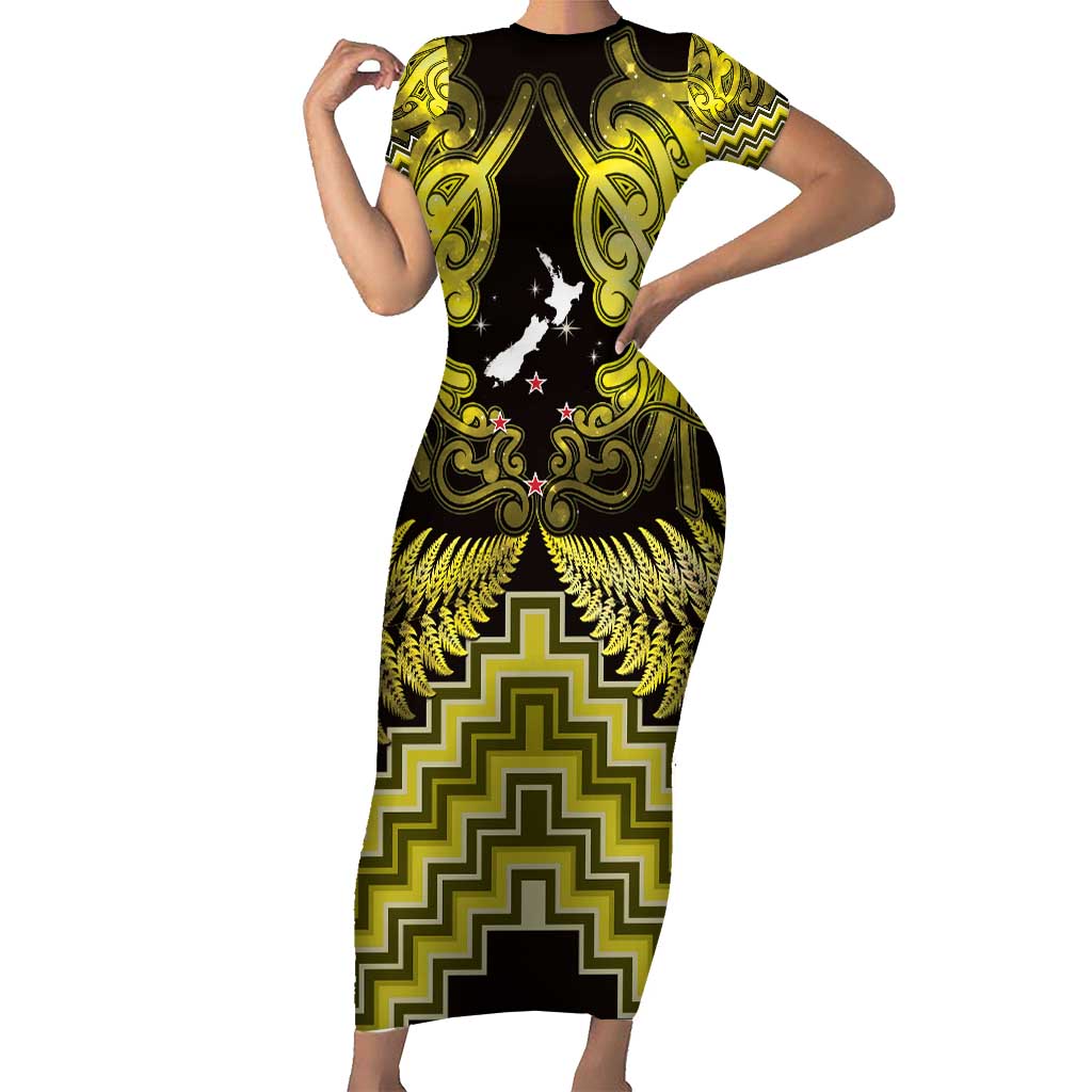 Personalised Aotearoa Matariki Short Sleeve Bodycon Dress Yellow Fern Maori Poutama LT01 Long Dress Yellow - Polynesian Pride