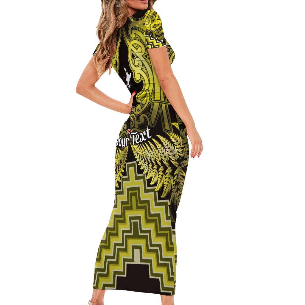 Personalised Aotearoa Matariki Short Sleeve Bodycon Dress Yellow Fern Maori Poutama LT01 - Polynesian Pride