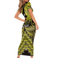 Personalised Aotearoa Matariki Short Sleeve Bodycon Dress Yellow Fern Maori Poutama LT01 - Polynesian Pride