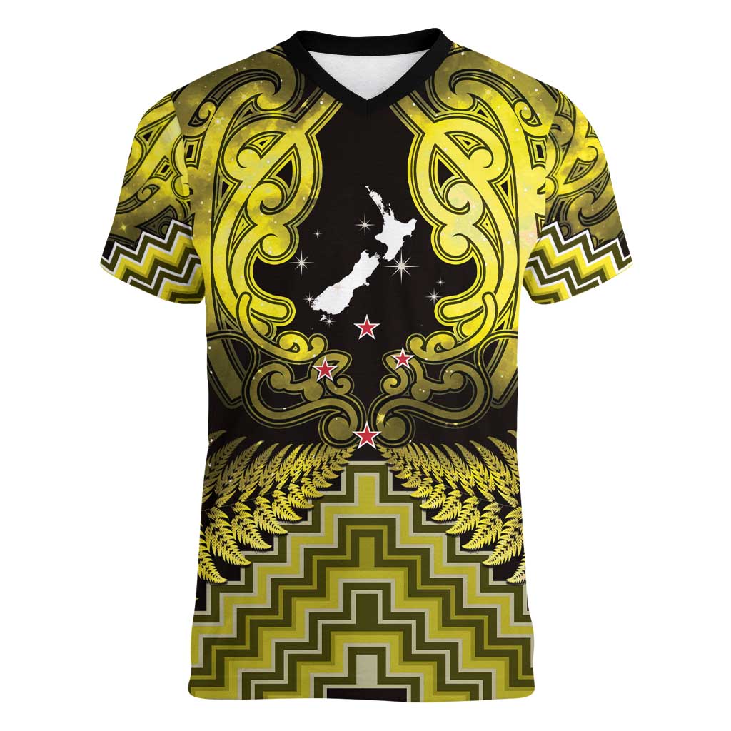Personalised Aotearoa Matariki Women V-Neck T-Shirt Yellow Fern Maori Poutama LT01 Female Yellow - Polynesian Pride