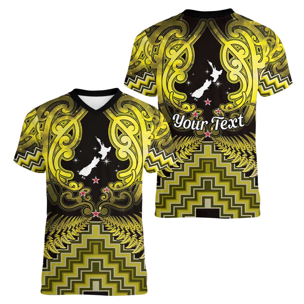 Personalised Aotearoa Matariki Women V-Neck T-Shirt Yellow Fern Maori Poutama LT01 - Polynesian Pride