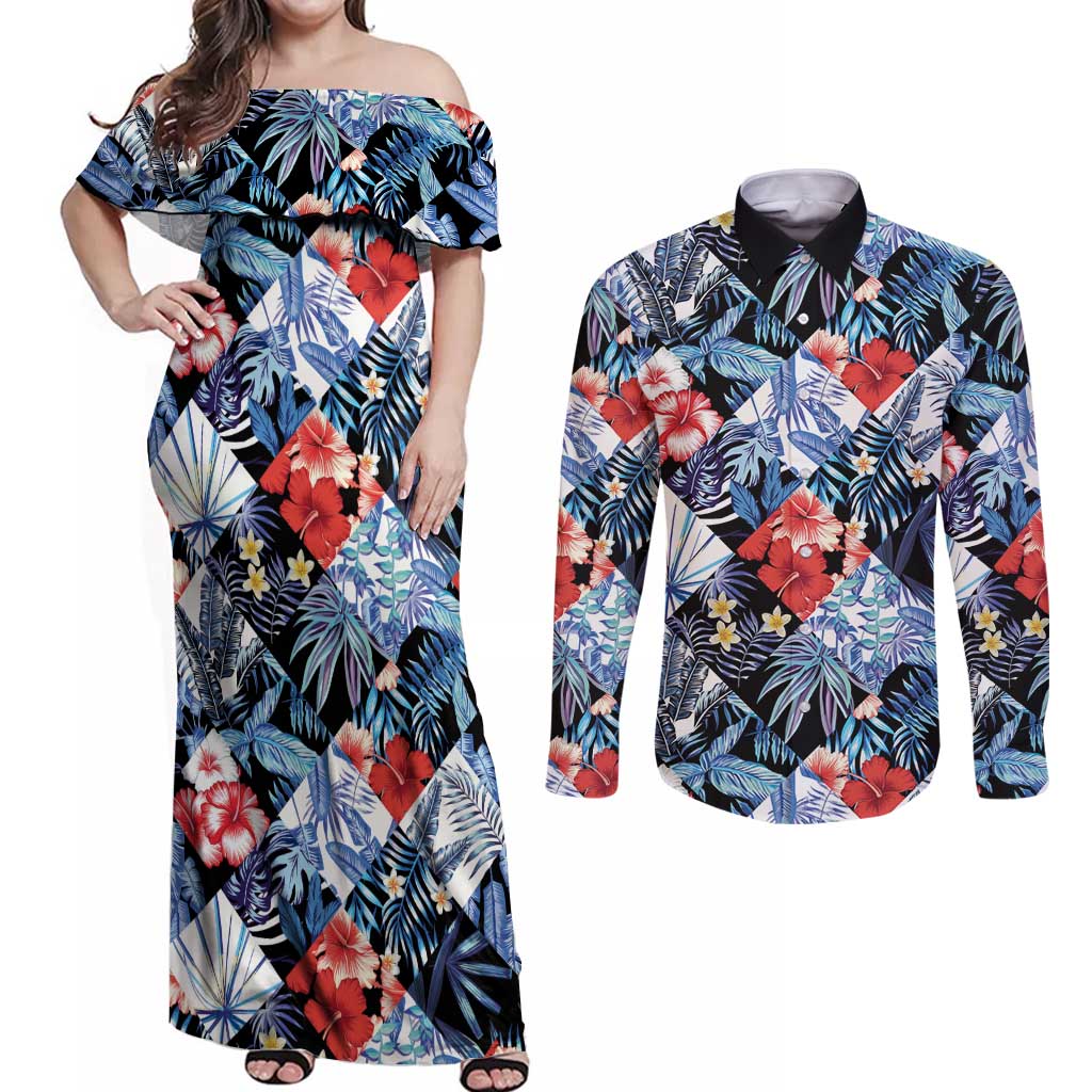 Hawaii Tropicana Blue Pattern Couples Matching Off Shoulder Maxi Dress and Long Sleeve Button Shirt - Polynesian Pride