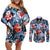 Hawaii Tropicana Blue Pattern Couples Matching Off Shoulder Short Dress and Long Sleeve Button Shirt - Polynesian Pride