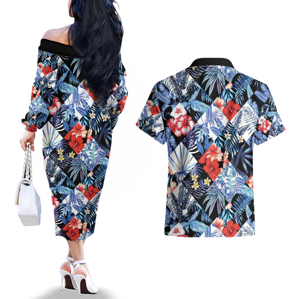 Hawaii Tropicana Blue Pattern Couples Matching Off The Shoulder Long Sleeve Dress and Hawaiian Shirt - Polynesian Pride