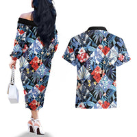 Hawaii Tropicana Blue Pattern Couples Matching Off The Shoulder Long Sleeve Dress and Hawaiian Shirt - Polynesian Pride