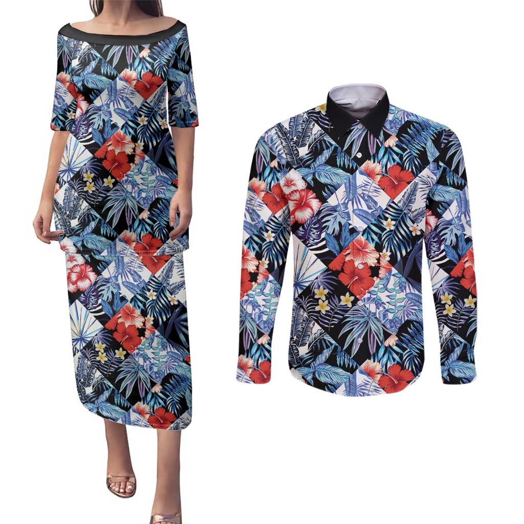 Hawaii Tropicana Blue Pattern Couples Matching Puletasi and Long Sleeve Button Shirt LT01 Blue - Polynesian Pride
