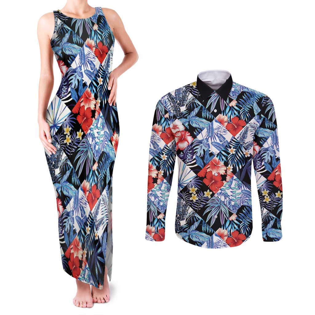 Hawaii Tropicana Blue Pattern Couples Matching Tank Maxi Dress and Long Sleeve Button Shirt - Polynesian Pride